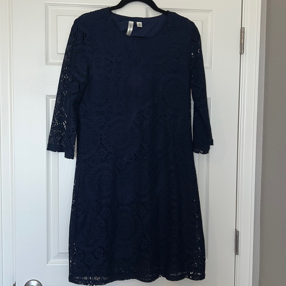 Tacera Navy Lined Lace 3/4 Sleeve Dress Size Medium
